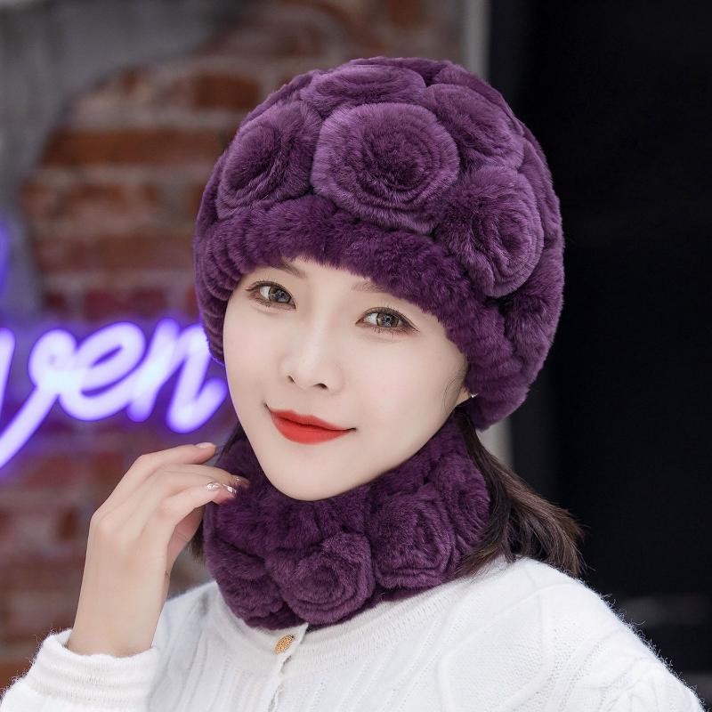 Woman Autumn Winter Warm Hat Otter Rabbit Fur Hat Versatile Ear Protection Cap Knitted Fur Hat Scarf Set