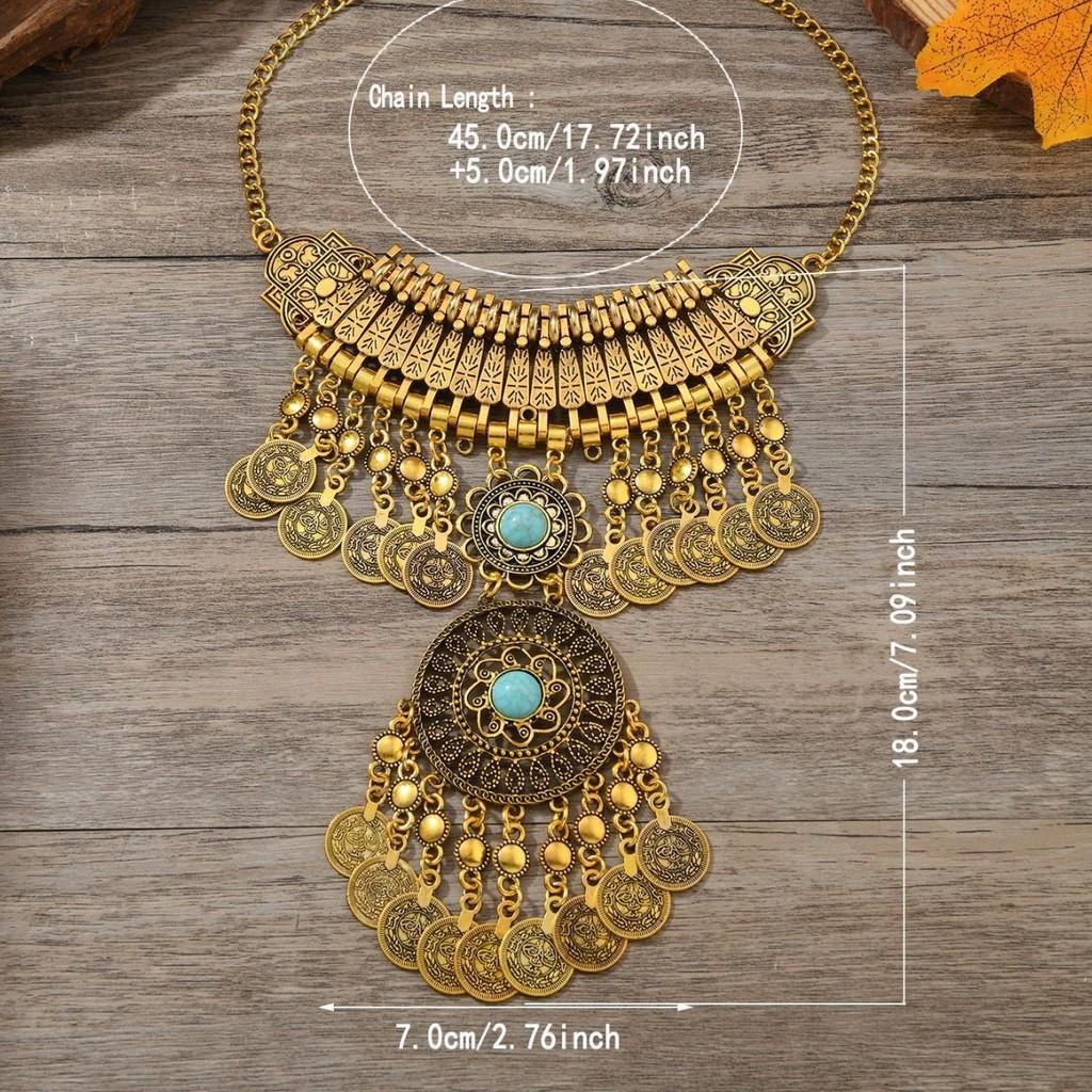 Classic Gold Silver Finish Coin Tassel Necklace With Geometric Pendant For Festival Wear