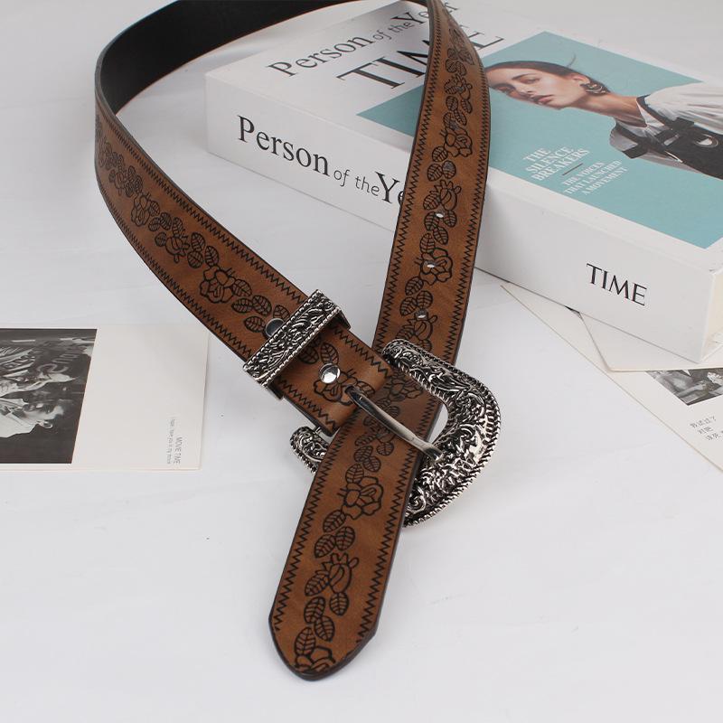 

Винтажный женский кожаный пояс: Ретро, Универсальный и Гравированный Модный Ремень 105 cm