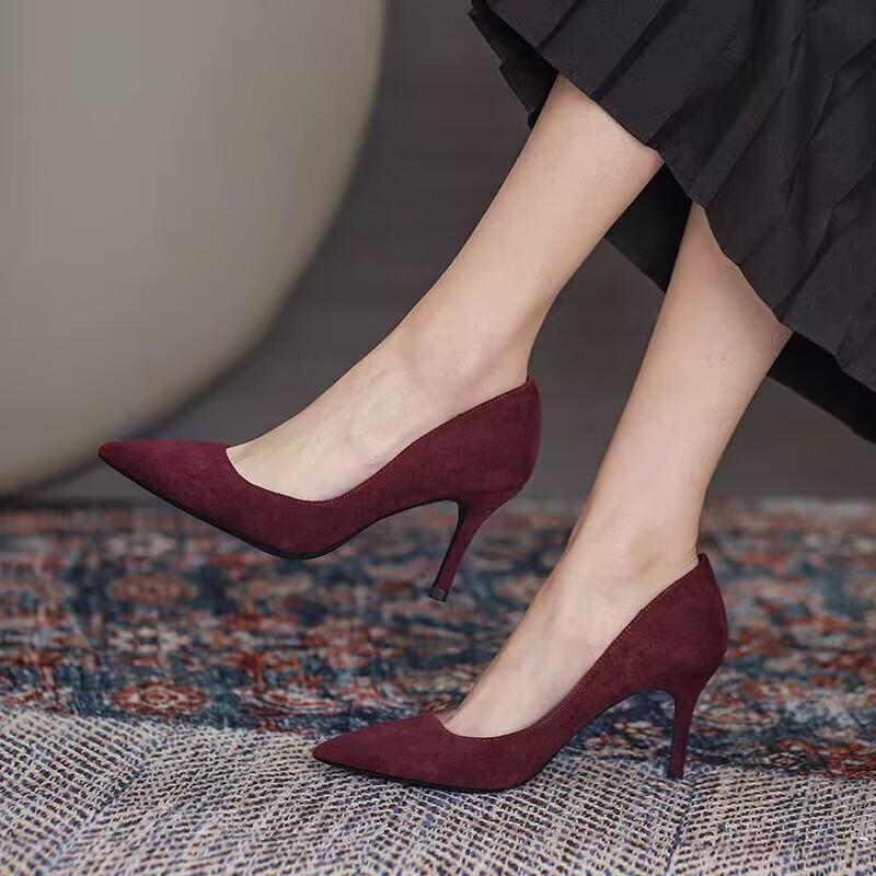

Fashion Pointy Suede High Heels Spring New Style Pointy Shallow Mouth Set Foot Anti-slip Wear-resistant Fine Heel Shoes 42 вино красного