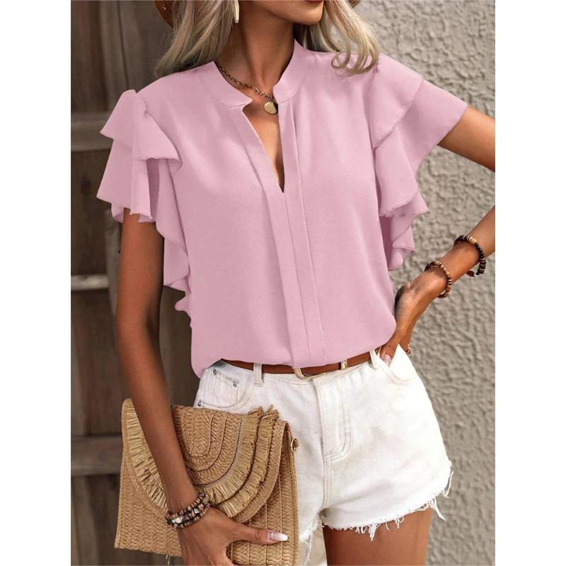 Double Layered Ruffled Blouse Female Fashion V-Neck Short Sleeved Summer Office Lady Party T-Shirt