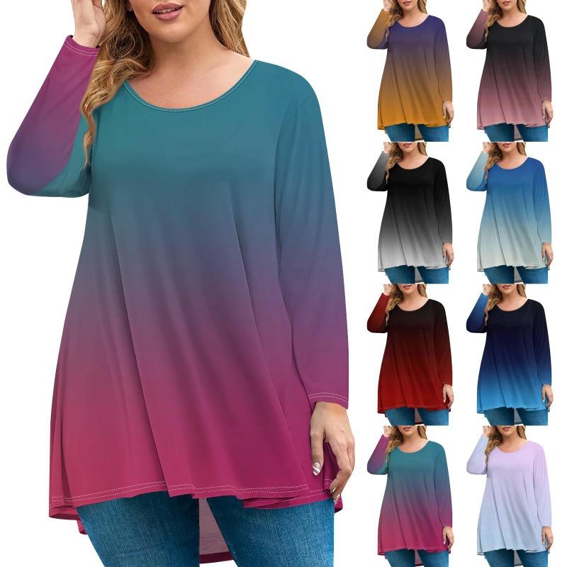 Women's Fashion Large Size Round Neck Long Sleeve Casual Print Loose Pullover Top T-Shirts Women’s