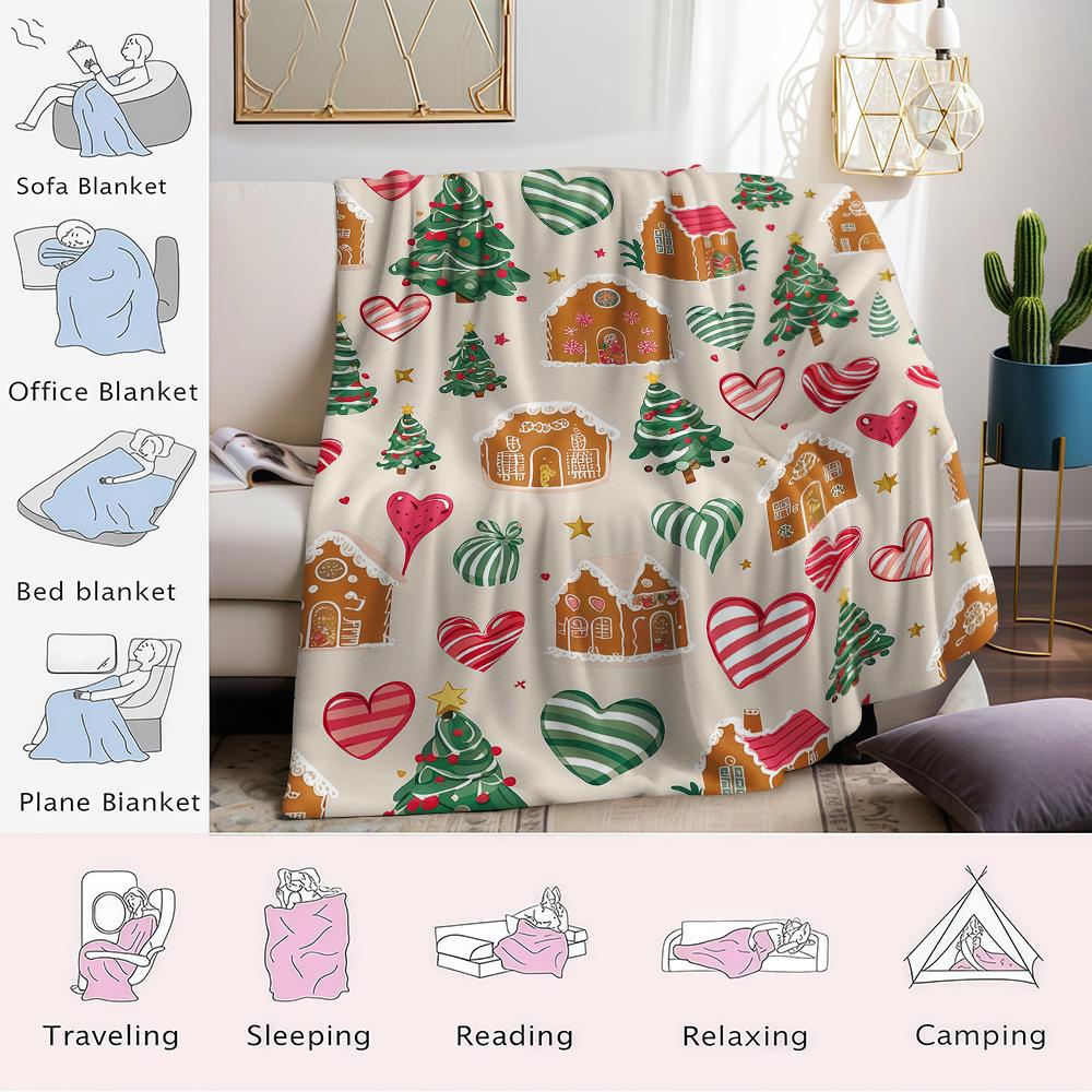 Christmas Gingerbread Pattern Flannel Blanket Warm Soft Halloween Christmas Couch Warm Cozy Decorative Decor Gift For All Season