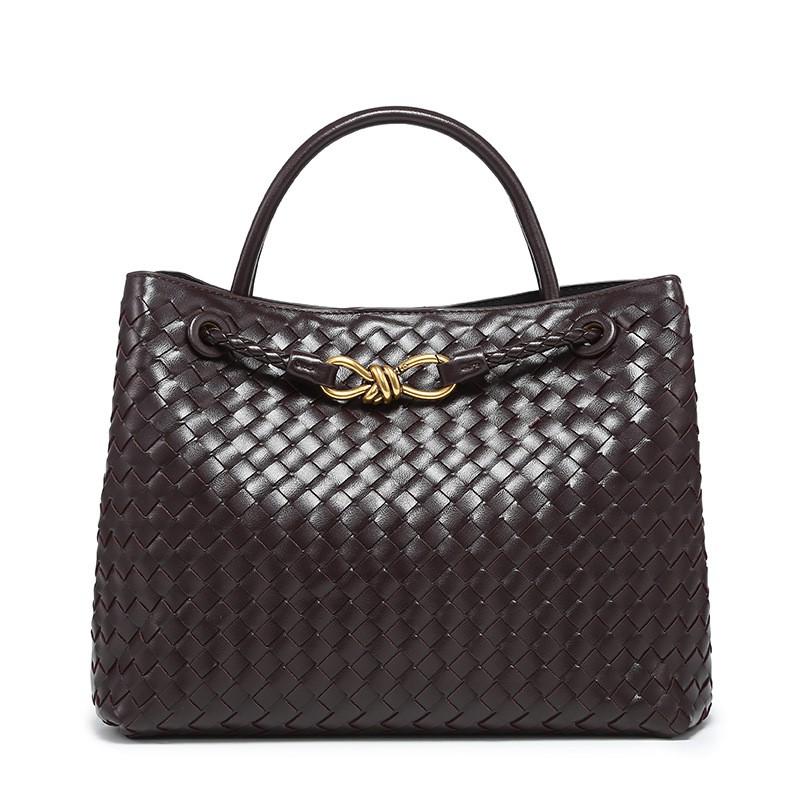 Woven PU Tote Bag With Metal Rope Buckle Large Capacity Shoulder Handbag Women Vintage Style Daily Use