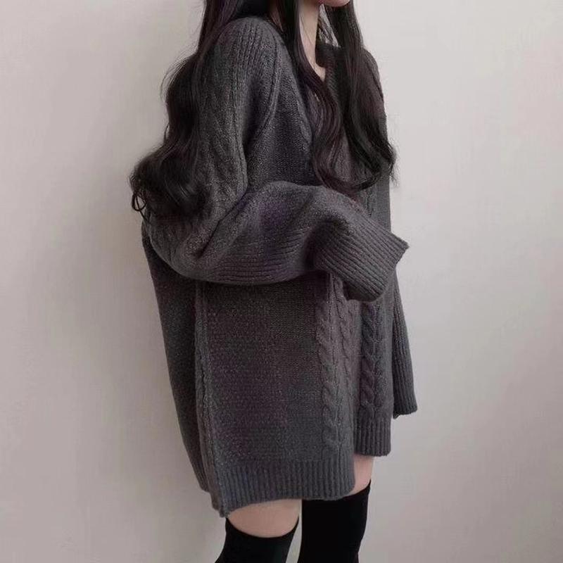 Autumn and winter V-neck mid-length twist ladies pullover sweater skirt, retro large size temperament dark gray ladies all-match sweater 6804#