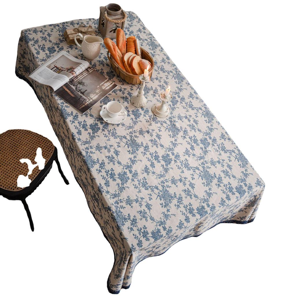 Imanqi Yiyun Blue Rose Pastoral Cotton Linen Tablecloth with Lace Edge