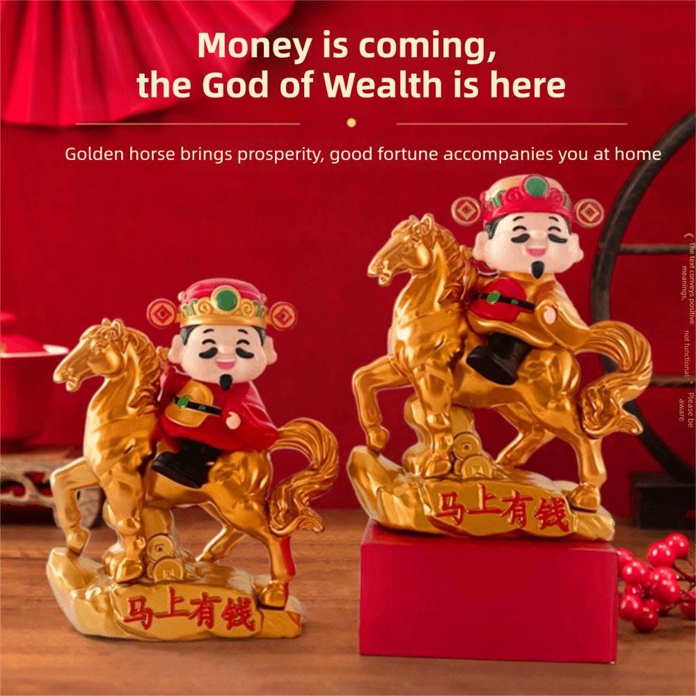 Chinese Style God of Fortune Sculpture Auto Shaking Zodiac Horse God of Wealth Car Ornament Solar Powered Lovely Design