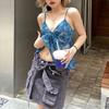 Netz durchsichtig bedruckte Weste Damen Sexy Lässig V-Ausschnitt Ärmellos Träger Camisole Patchwork Tanktop Streetwear