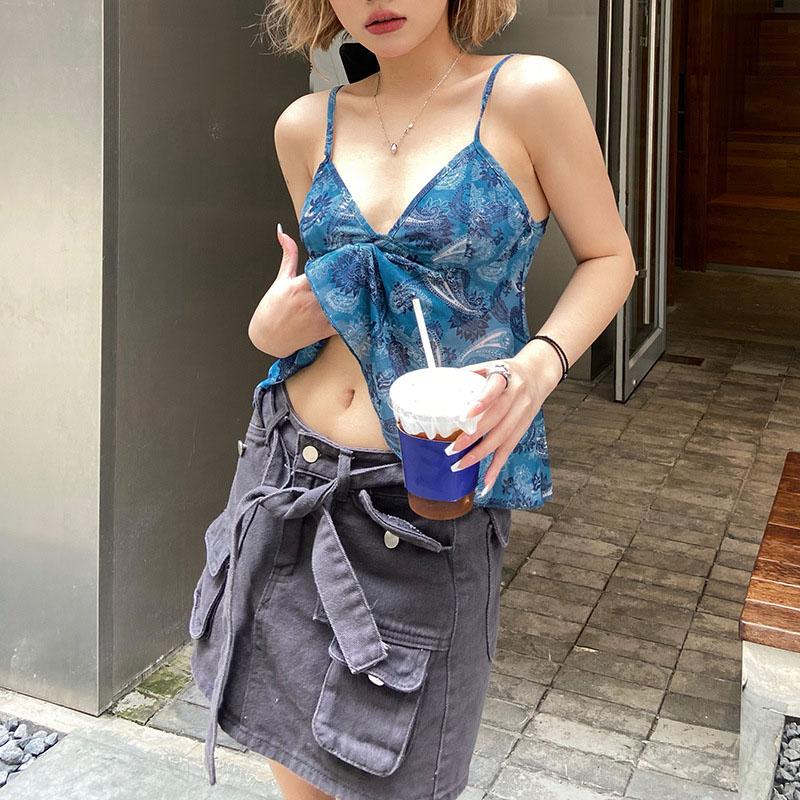 Netz durchsichtig bedruckte Weste Damen Sexy Lässig V-Ausschnitt Ärmellos Träger Camisole Patchwork Tanktop Streetwear