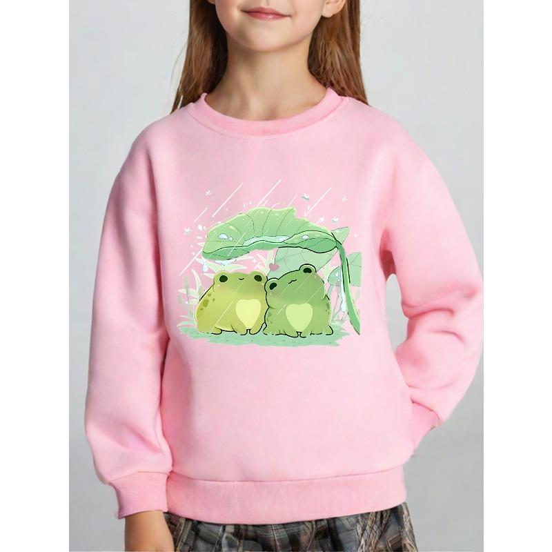 Kids Unisex Crewneck Sweatshirt, Cute Two Heart Belly Frogs Under Lotus Leaf In Rain Cartoon Print, Soft Sweatshirt for Boys Girls Over 4 Years Old