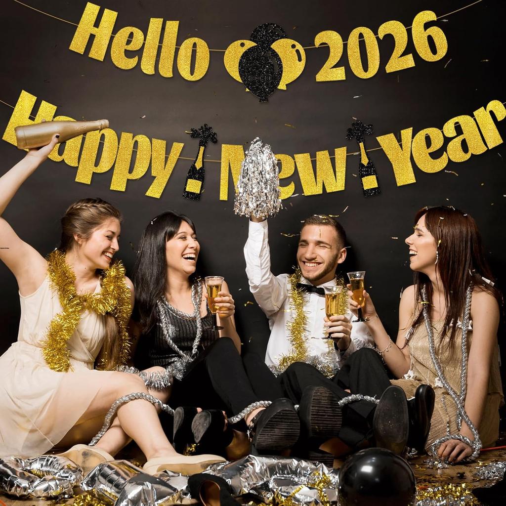 2026 New Year Banner with Sparkling Gold Letters - Elegant "Hello 2026 Happy New Year" Glitter Party Banner for New Year's Eve Decorations, Holiday
