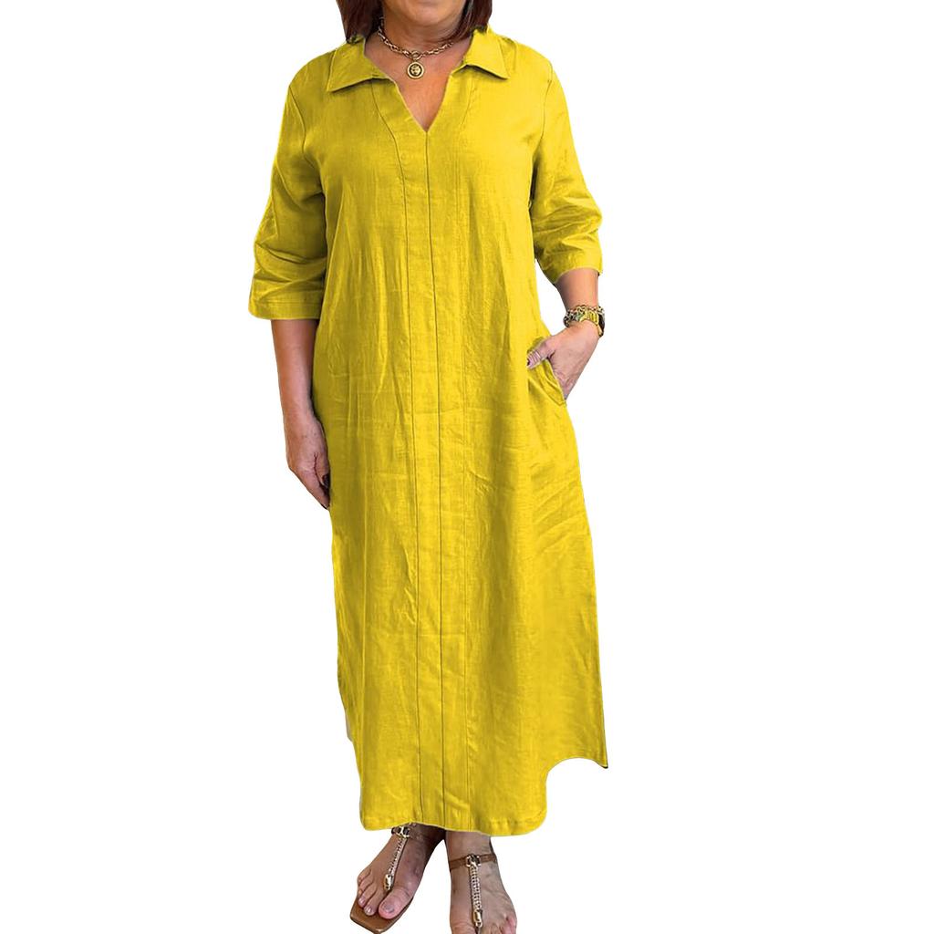 Women's Fashionable Loose-Fit V-Neck Casual Cotton-Linen Blend Shirt Dress