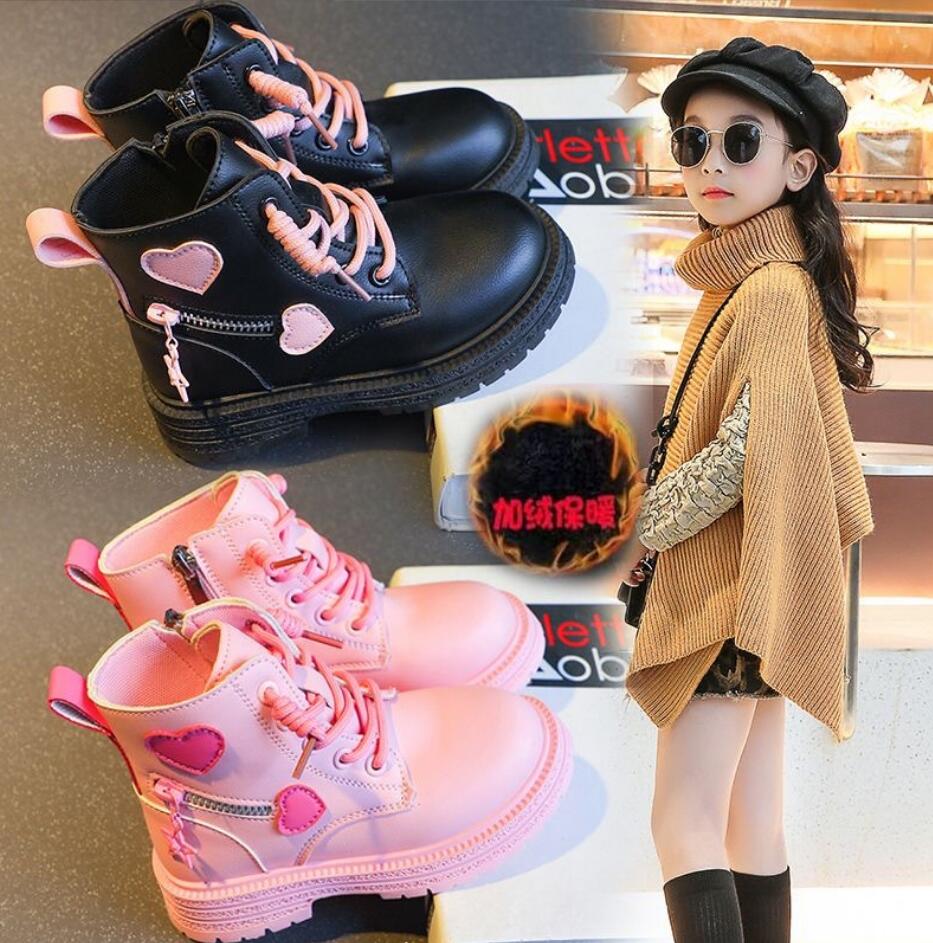 Fashion Girls Boots Kids Fashion Rubber Boots Cool Girl Autumn and Winter Cotton Soft Sole Pink with Love Side Zip Princess Round-toe PU