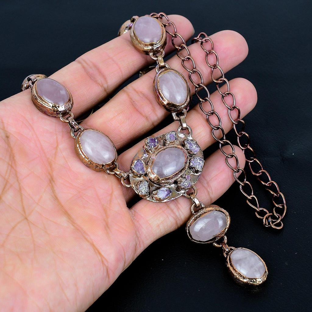 Rose Quartz Necklace, Copper Electroformed Jewelry, Gemstone Necklace, Gift For Her Handmade Dainty Jewelry