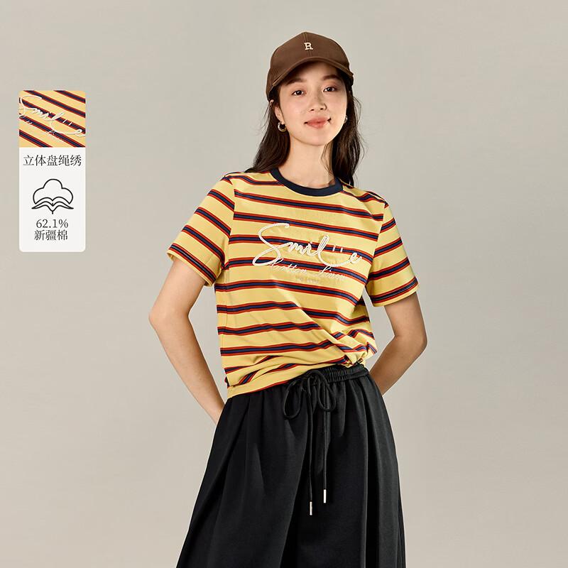 INMAN Women's Embroidered Striped Round Neck T-Shirt