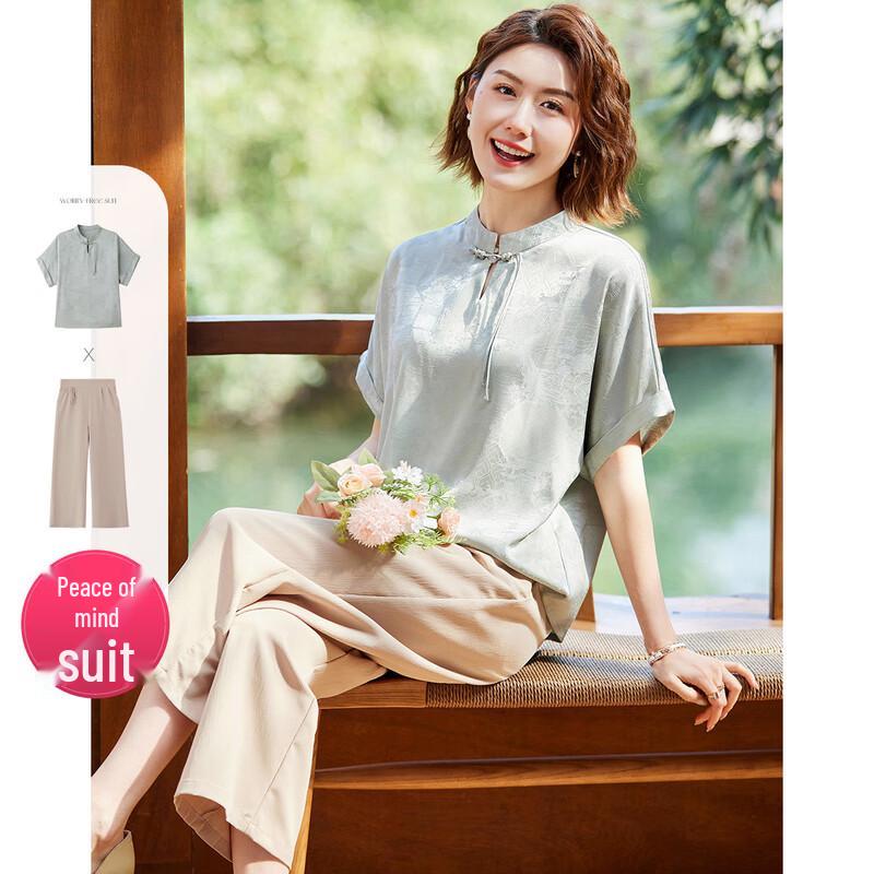

Pasit New Chinese Style Mother s Elegant Short-Sleeve Top & Pants Set 4XL