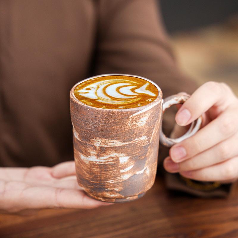 Retro Ceramic Coffee Cup Afternoon Tea American Latte Latte Flower Cup Coarse Pottery Round Ear Cup