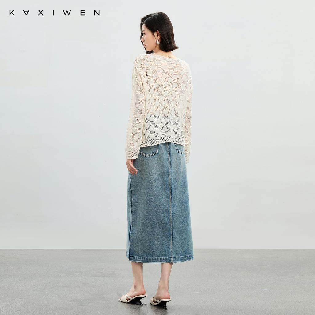 Qianwen Design Sense Linen Knitted Shirt 2025 Spring New Elegant Geometric Hollow out Hot Diamond Hooded Top for Women