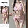 Womens Pink White Plaid Halter Bikini Set With Tie Side Bottoms Wrap Skirt Cover-Up Swimming Beach Vacation