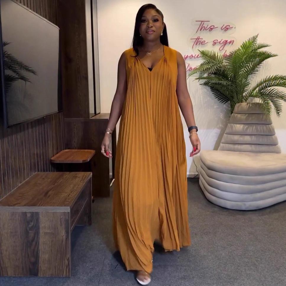 European and American banquet socialite temperament sexy V-neck pleated dress, new African women s loose wide hem dress, long dress S жёлтый
