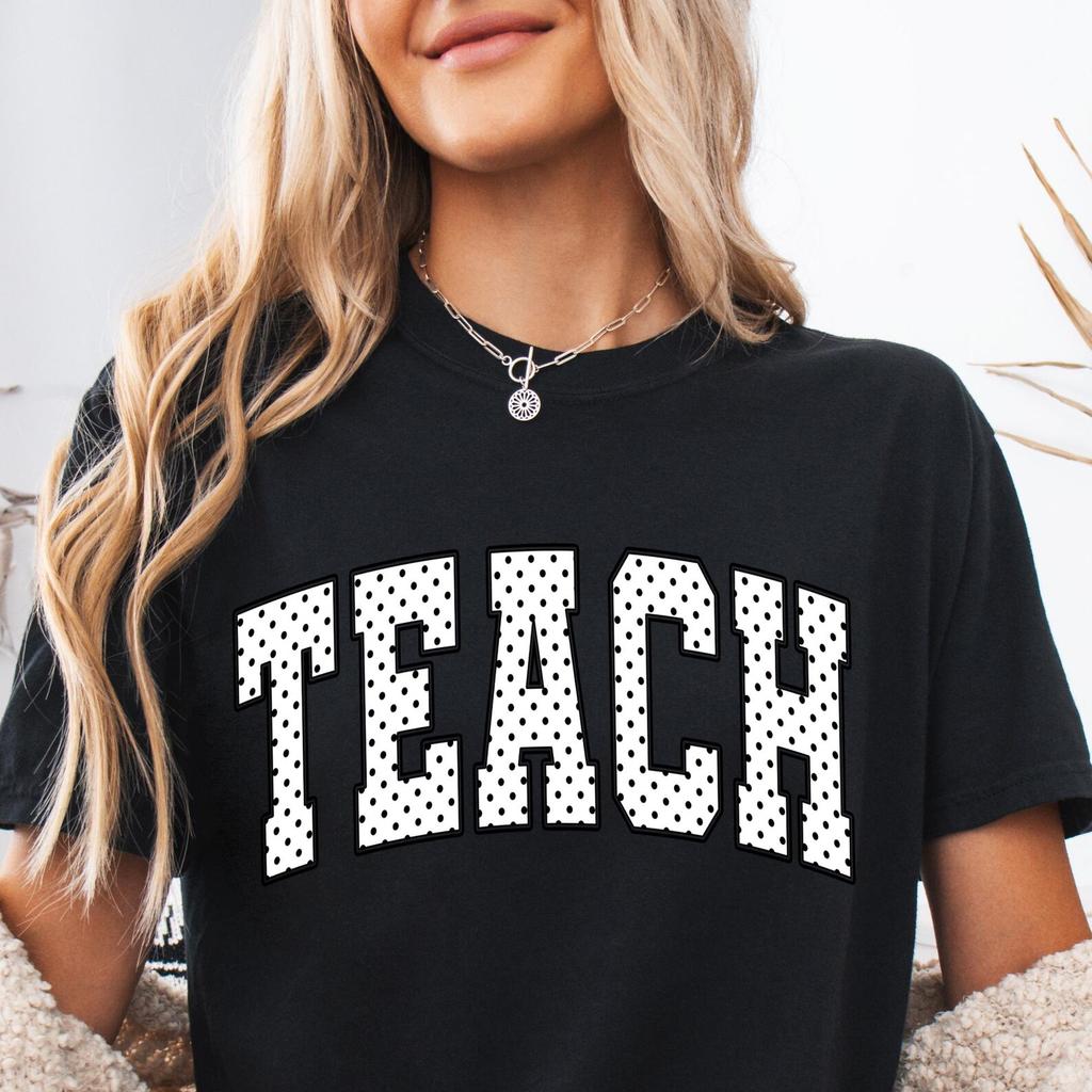 Polka Dot Teacher Shirt, Varsity Teach T Shirt, Retro Teacher Tee, Back to School Shirt, Educator Gift, Team Teacher Top