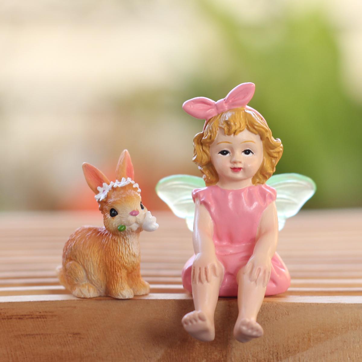 

2 fluorescent winged fairies and rabbits, creative spring garden bonsai decoration ornaments, Easter bunnies, resin crafts
