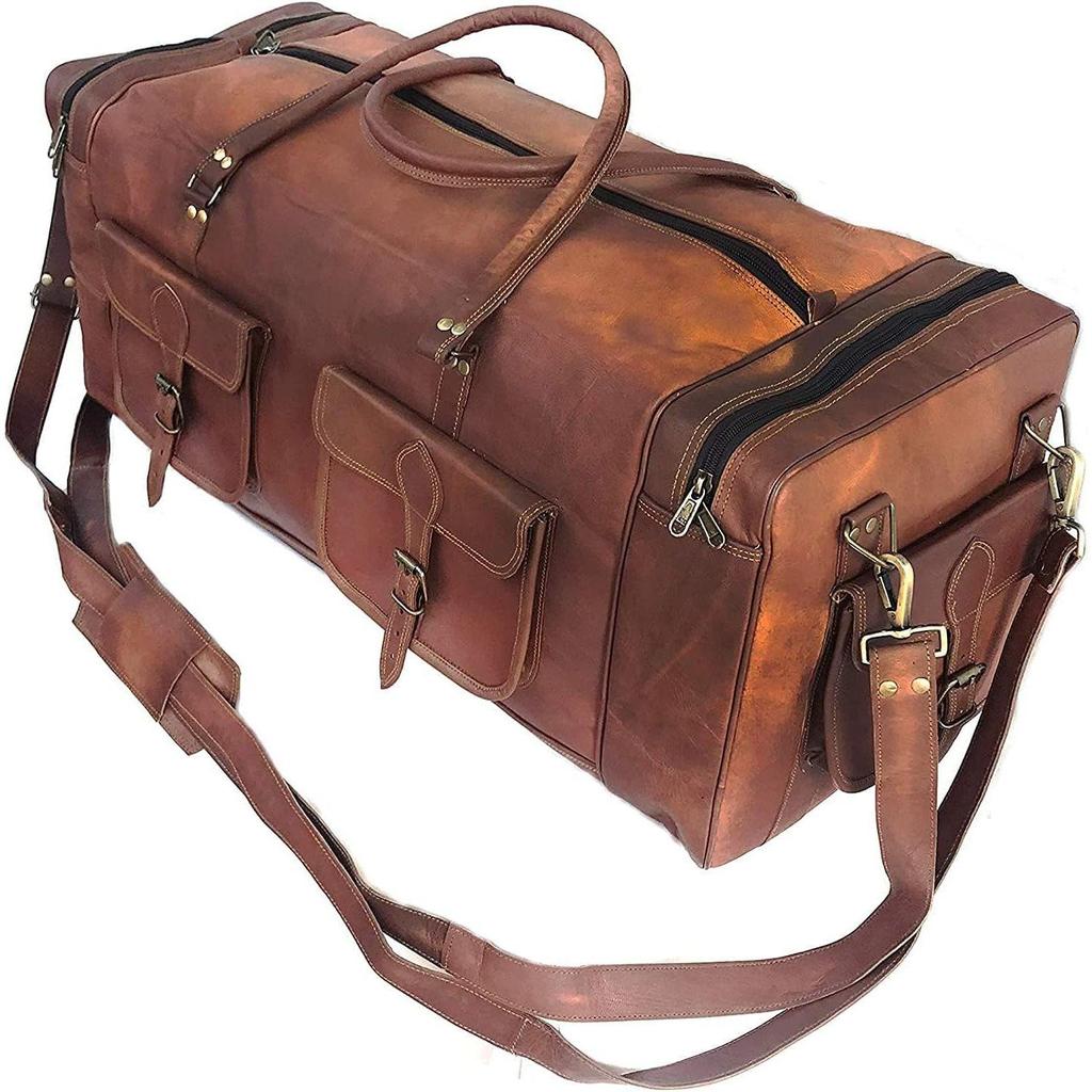 Große Reisetasche aus echtem Vintage-Ziegenleder, handgefertigt, für Fitnessstudio, Wandern, Vintage-Braun, Tragetasche für alle echten Reisetaschen