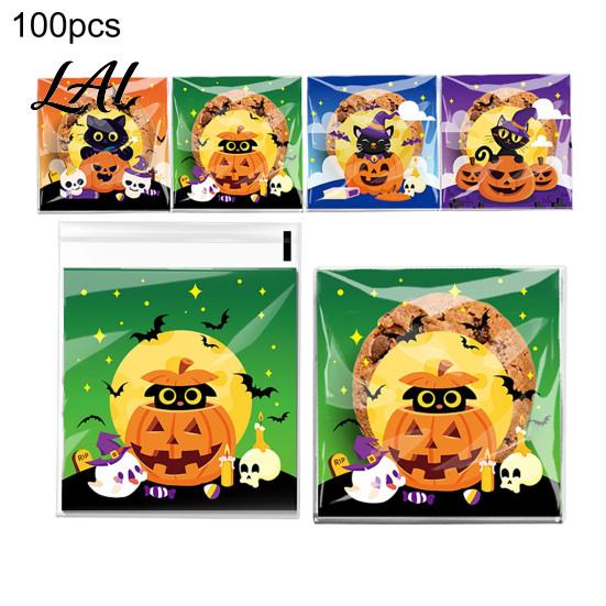 Self Adhesive Treat Bags 100 Pcs Small Halloween Bags Seal Clear Candy Dessert Snack Cookie Trick or Party Favors for Holiday Cute Cartoon Pouches