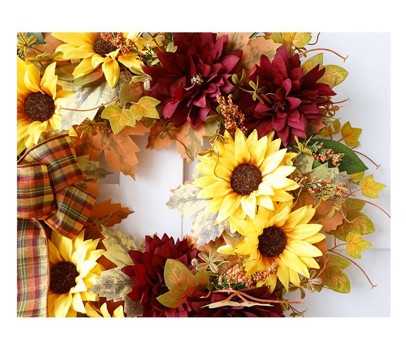 Fall Wreath 20inch Fall Sunflower Wreaths for Front Door Artificial Autumn Wreath with Maple Leaves Burlap Bows for Thanksgiving