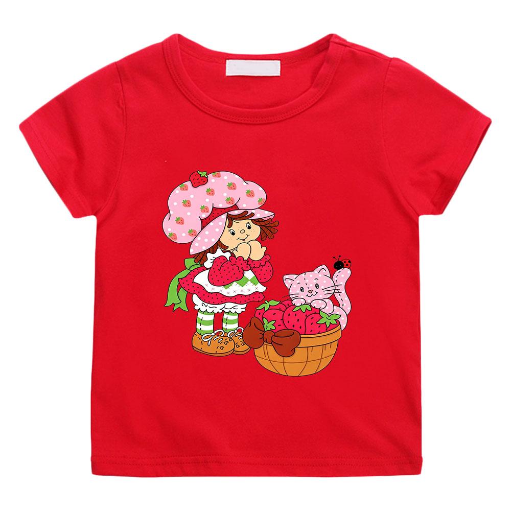 

100% Cotton Strawberry Shortcake Children s T-Shirt Retro Print Tees Cute Short Sleeved Casual O-Neck Kids Anime T-shirt Graphic T-shirt Summer tops 100 красный