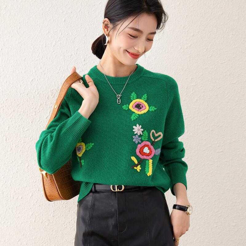 TUHUANG Women's Pure Wool Cartoon Embroidered Round Neck Sweater
