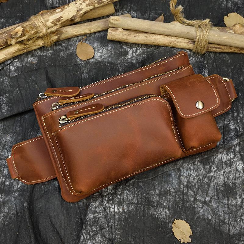 Top Layer Cowhide Men Waist Bag Real Leather Chest Bag Outdoor Casual Leather Porable Gym Bags Messenger Bag Wasit Pouch Male