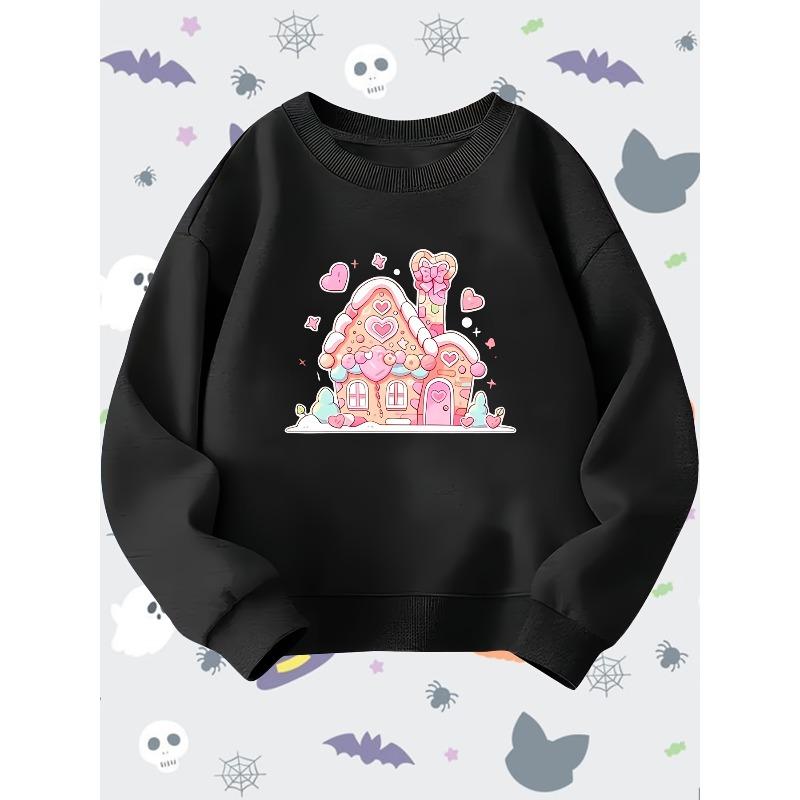 Adorable Cartoon Gingerbread House Print Long Sleeve Crewneck Sweatshirt for Kids, Unisex Boys Girls Pullover, All-Season Round Neck Top