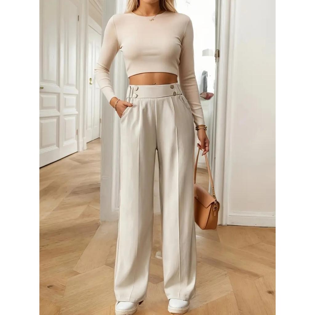 New Vertical Floor Length Casual Pants, High Waisted Pants, Loose and Elegant Straight Leg Women's Niche Design, Solid Color Pants