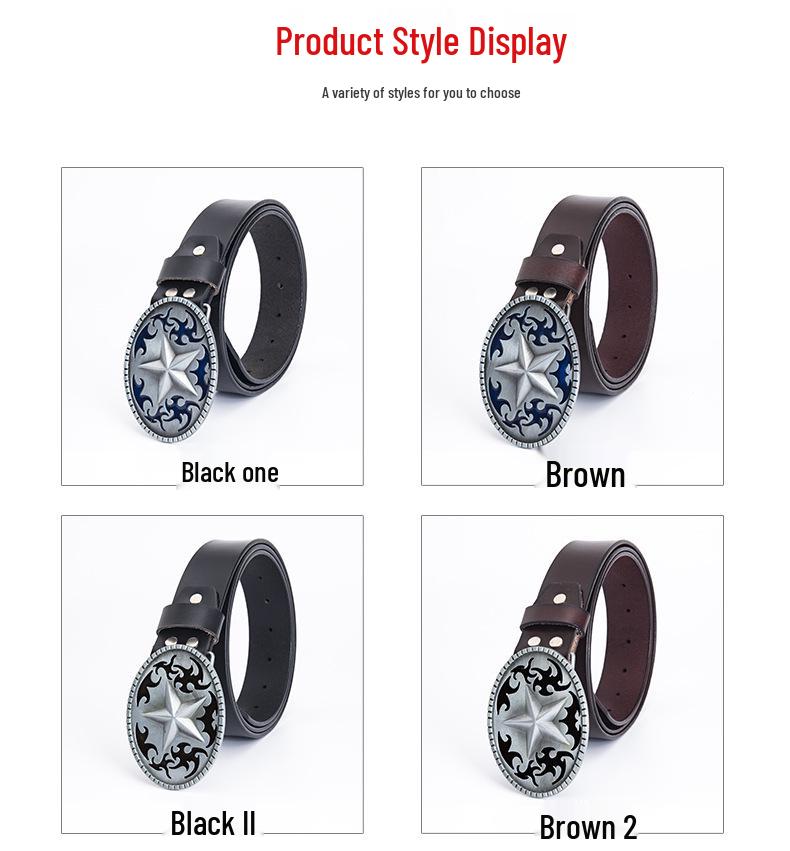 Pentagram Men's Cowhide Belt - Retro Smooth Buckle, Wide 130cm Decorative Trouser Belt
