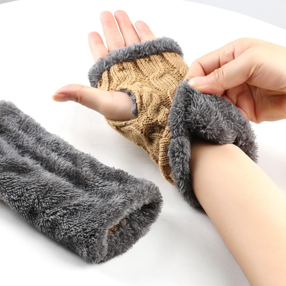 Solid Color Knitting Fingerless Plush Gloves Arm Warmers Thicked Gloves Autumn Winter Mittens For Adult