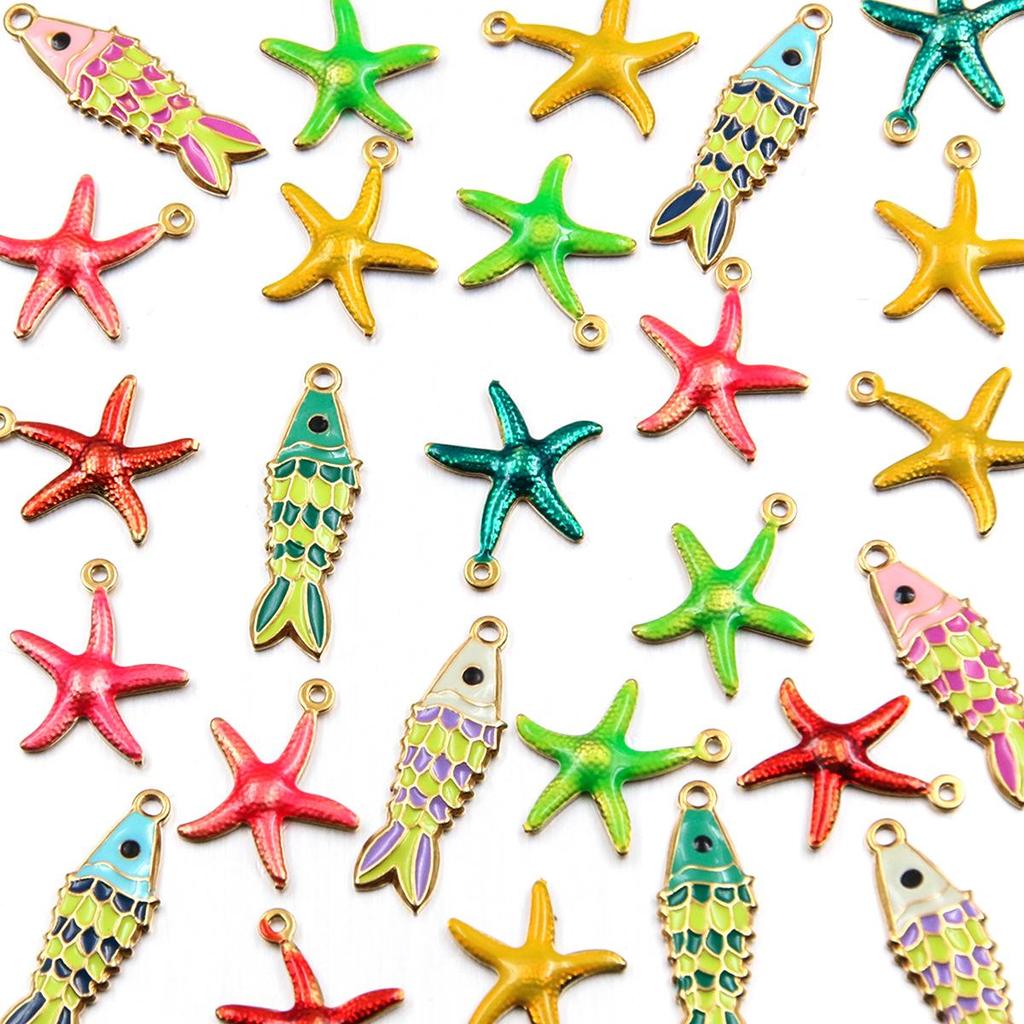 Stainless Steel Gold-Plated Fish & Starfish Enamel Pendant Jewelry Accessory