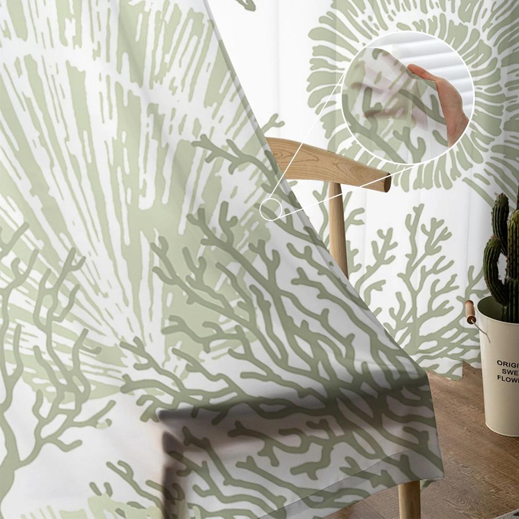 Sage Green Ocean Coral Starfish Abstract Tulle Curtain for Living Room Bedroom Christmas Decoration Window Voiles Tulle Curtain