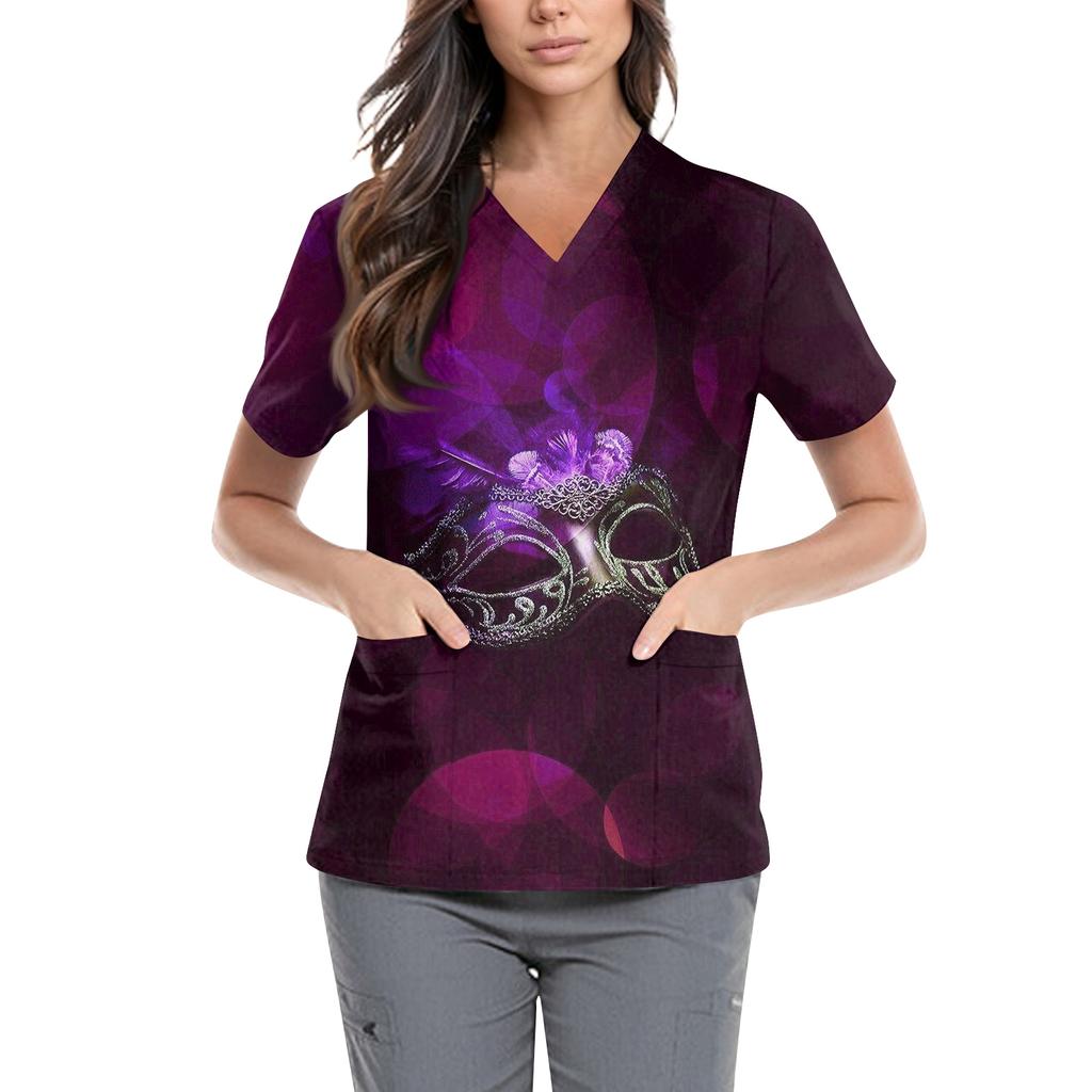 Women's Carnival Themed Outfit Party Mask Pattern Caregiver Top