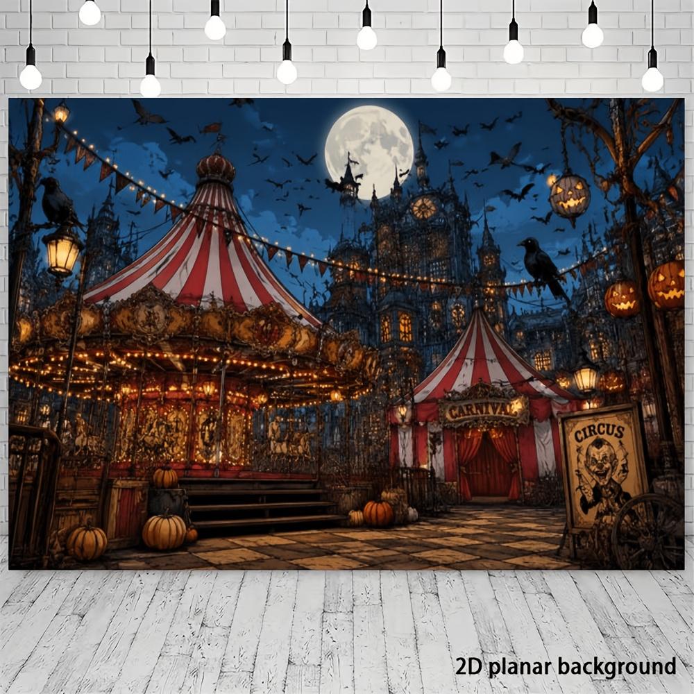 One 2D flat banner with a Halloween circus carnival theme background including a carousel.zyc