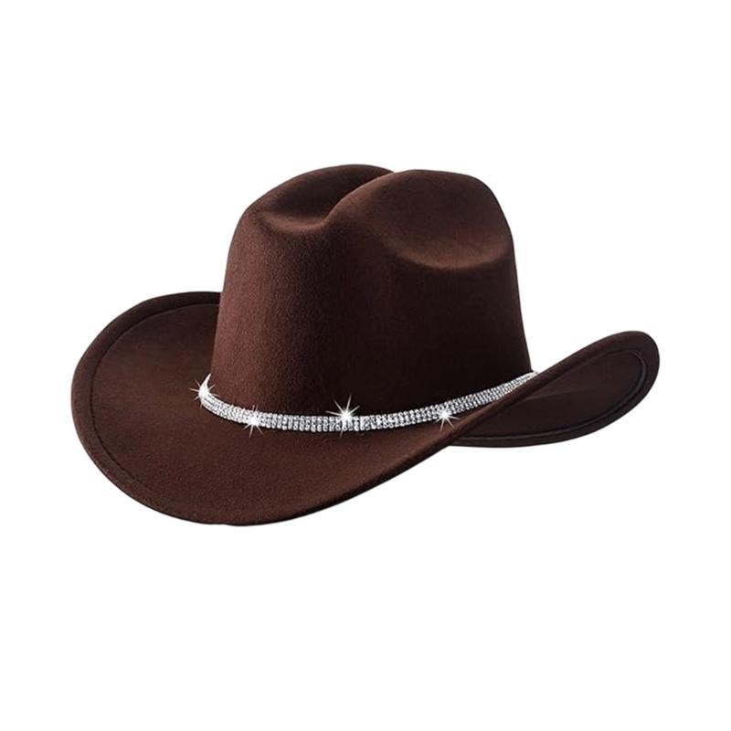 Unisex Cowgirl Hats with Triple Rhinestones Decors Soft Acrylic Fabric Camping Concerts Daily Use Costume Accessory