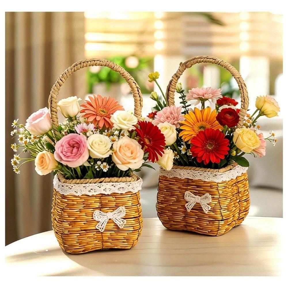 With Handle Imitation Rattan Handhold Handwoven 2 Colors Weaving Flower Basket Household Braid Storage Baskets