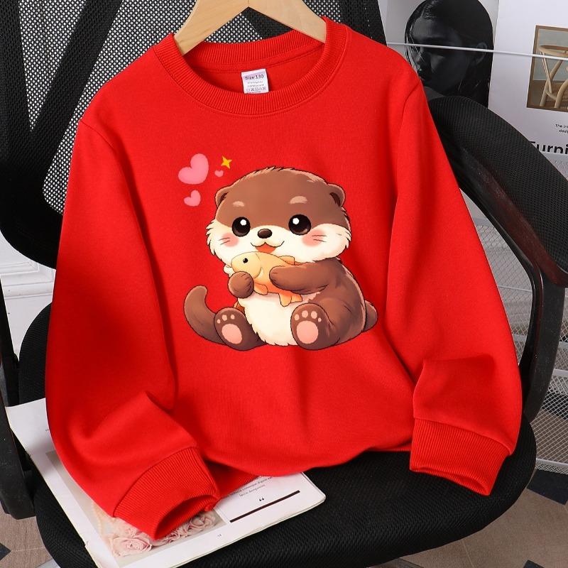 Kids Crew Neck Sweatshirt, Cute Otter Holding Fish Print, Soft Cozy Pullover for Autumn & Winter
