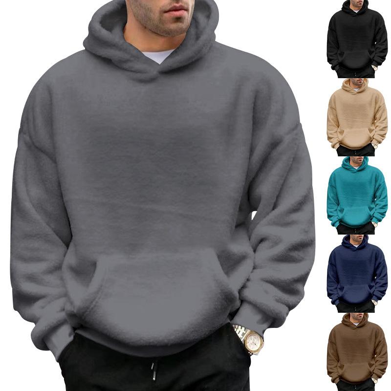 

Autumn Winter New Fashion Hoodies Long Sleeve Solid Lamb Wool Sweatshirts Men s Clothing Casual Loose Pockets Korean Trend Tops 3XL сірий