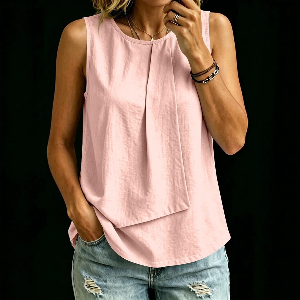 Women's Summer Sleeveless Top Round Neck Solid Color Casual Loose Fit Lightweight Blouse for Outdoor Indoor Wear