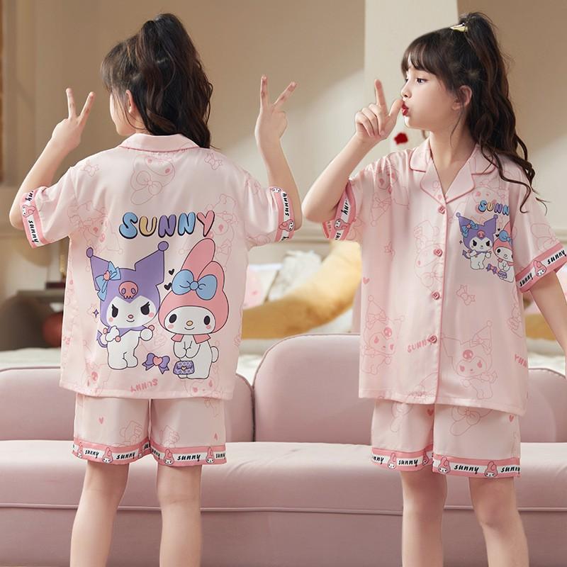 Girls Ice Silk Pajama Set Short Sleeve Cartoon Print Sleepwear Kids 8 Years