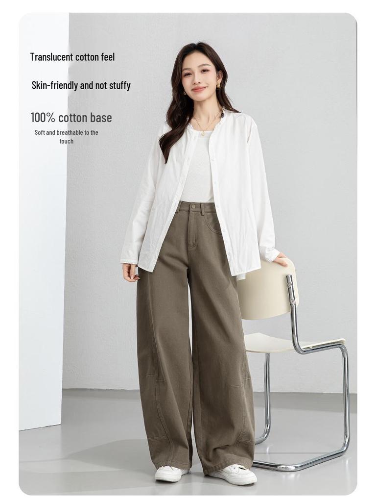 Xin Ge Cotton Loose Casual Long Sleeve Shirt with Beaded Collar