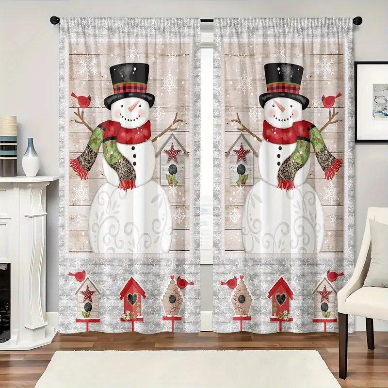 

Retro Two Christmas Snowman Pattern Printed Curtains Hats Decoration Home Room Curtain Set Of 2 Made Polyester Washable W100*H70(CM)-Hooks&1PCS