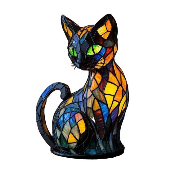 Cat Lamp Stained Resin Glass Night Light Soft Warm Glow 3D Animal-Themed LED Bedside Table Lamp Bedroom Decor
