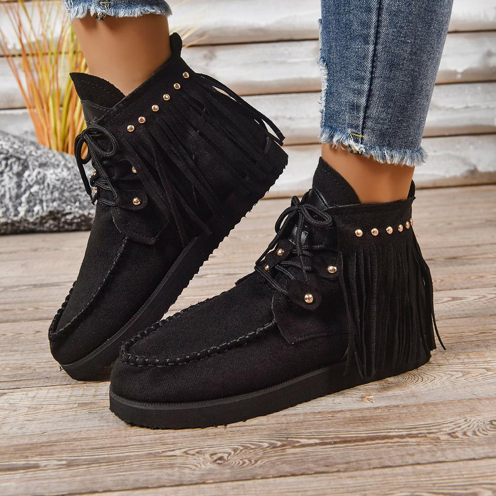 Fashion Women Ankle Boots 2025 New Round Toe Snow Boots Ladies Retro Outdoor Casual Shoes Fringe Winter Comfortable Luxury Women Shoes